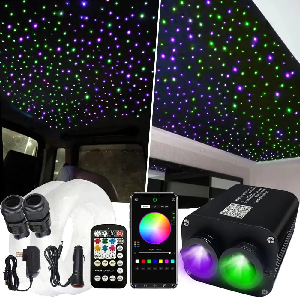 Starlight Headliner 20W Dual head diferente Color RGBW fibra óptica luz estrellada techo DIY Sensor de sonido fuente Led + hebras PMMA