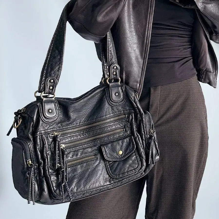 

Винтажные женские сумки на плечо большой вместимости с несколькими карманами в стиле панк, мягкая сумка через плечо из искусственной кожи, большая сумка-тоут, трендовая городская сумка 2025