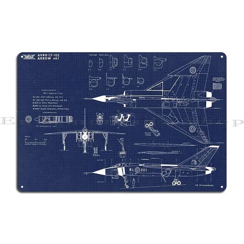 Avro Cf 105 Arrow Mk 1 Blueprint Metal Plaque Cinema Club Printing Custom Decoration Tin Sign Poster
