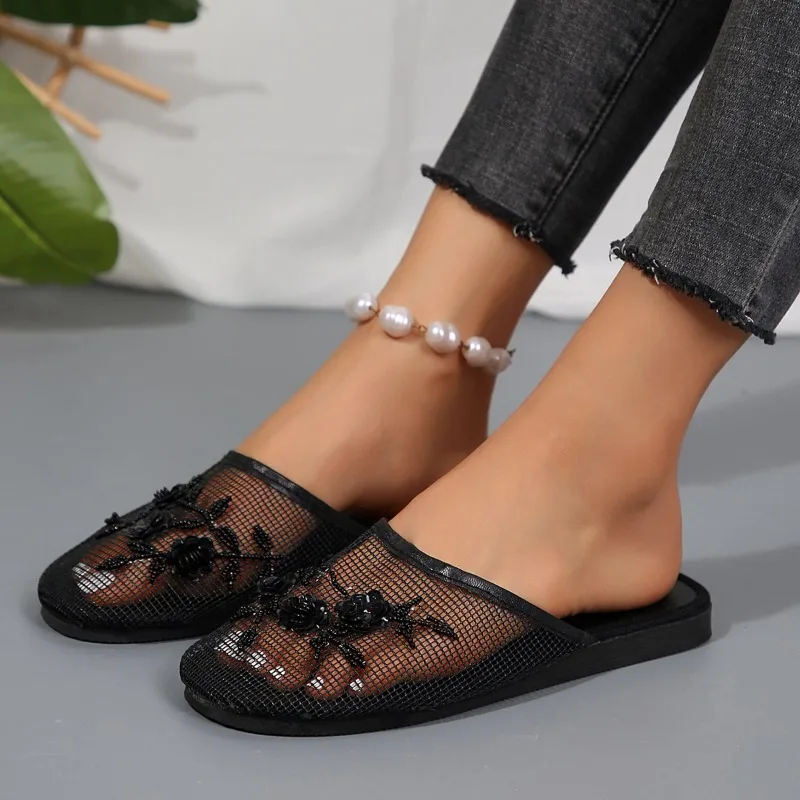 Summer Women's Shoes 2024 High Quality Baotou Solid Color Women's Slippers Mesh Breathable Flower Women's Roman Slippers