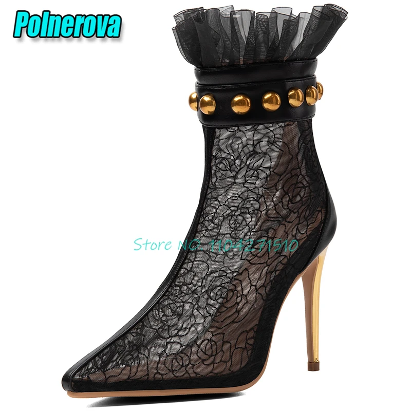 Black Mesh Rose Embroidery High Heels Metal Rivet Gold Thin Heel Pumps Pointed Toe Back Zipper Short Boots Sexy Women Shoes