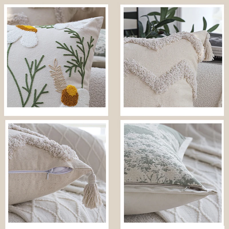 Exquisitely Embroidered Flowers Cotton Cushion Cover 45x45cm Jacquard Forest Pillowcase Home Decorative for Living Room Sofa