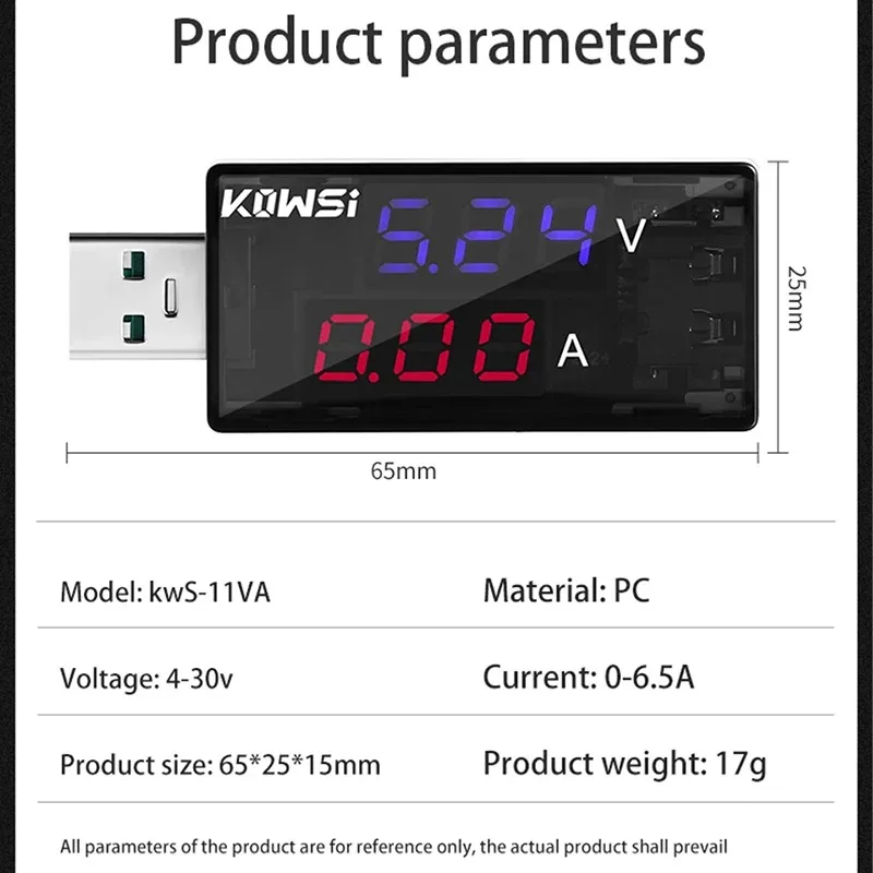 KWS-11VA USB Tester di tensione di corrente DC 4-30V voltmetro digitale 6.5A misuratore di tensione di corrente amperometro indicatore del