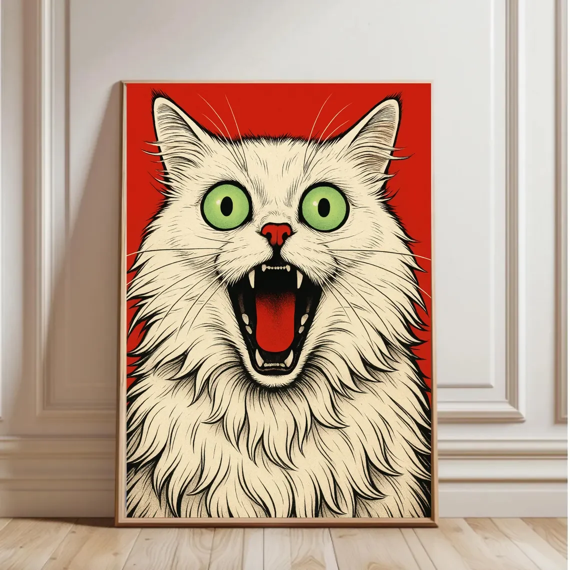 Kunstdruck mit leuchtend rotem Hintergrund und schreiender weißer Katze – kühne Wanddekoration im Pop-Art-Stil für kühne Wohnzimmer, eklektisches Heimbüro