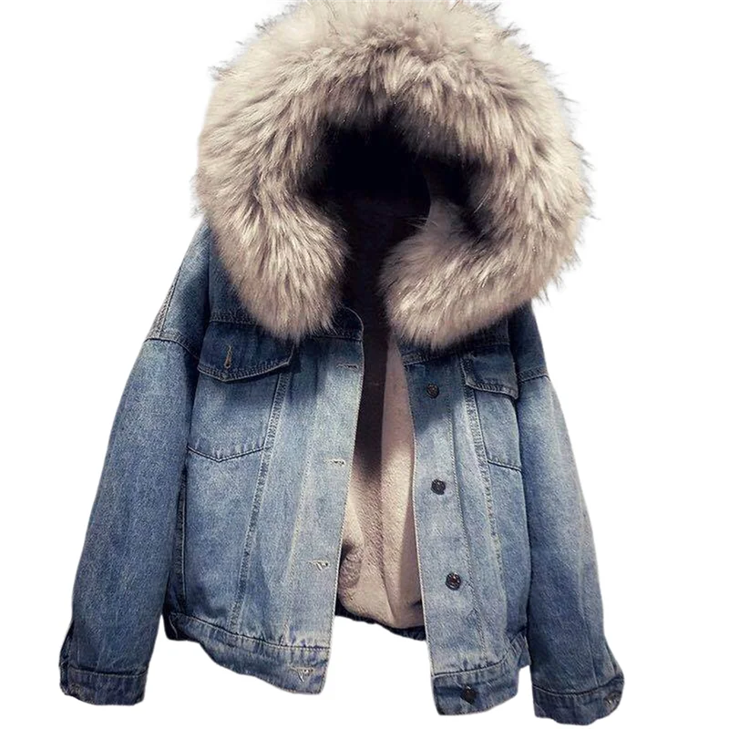 

A74E-Women's Denim Jacket Winter Warm Coats Fur Collar Jacket Women Outerwear