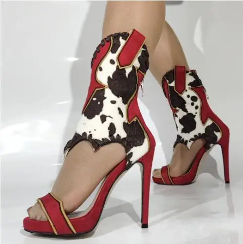 Red Brown Mixed Color Cow Print Horse Hair Leather Mid-calf Sandal Boots Women One Line Zipper Back Thin Heels Summer Sandals