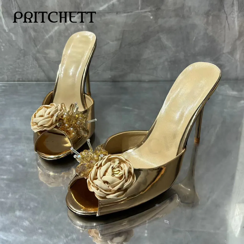 

Golden Rhinestone Rose Slippers Golden Patent Leather Round Toe Stiletto Heel Fish Mouth Slippers Large Size Women's Shoes