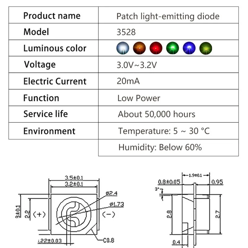 Kit de diodes électroluminescentes, 20 pièces x5 couleur = 100 pièces 3528 SMD LED 1210 rvb rouge jaune vert blanc bleu clair