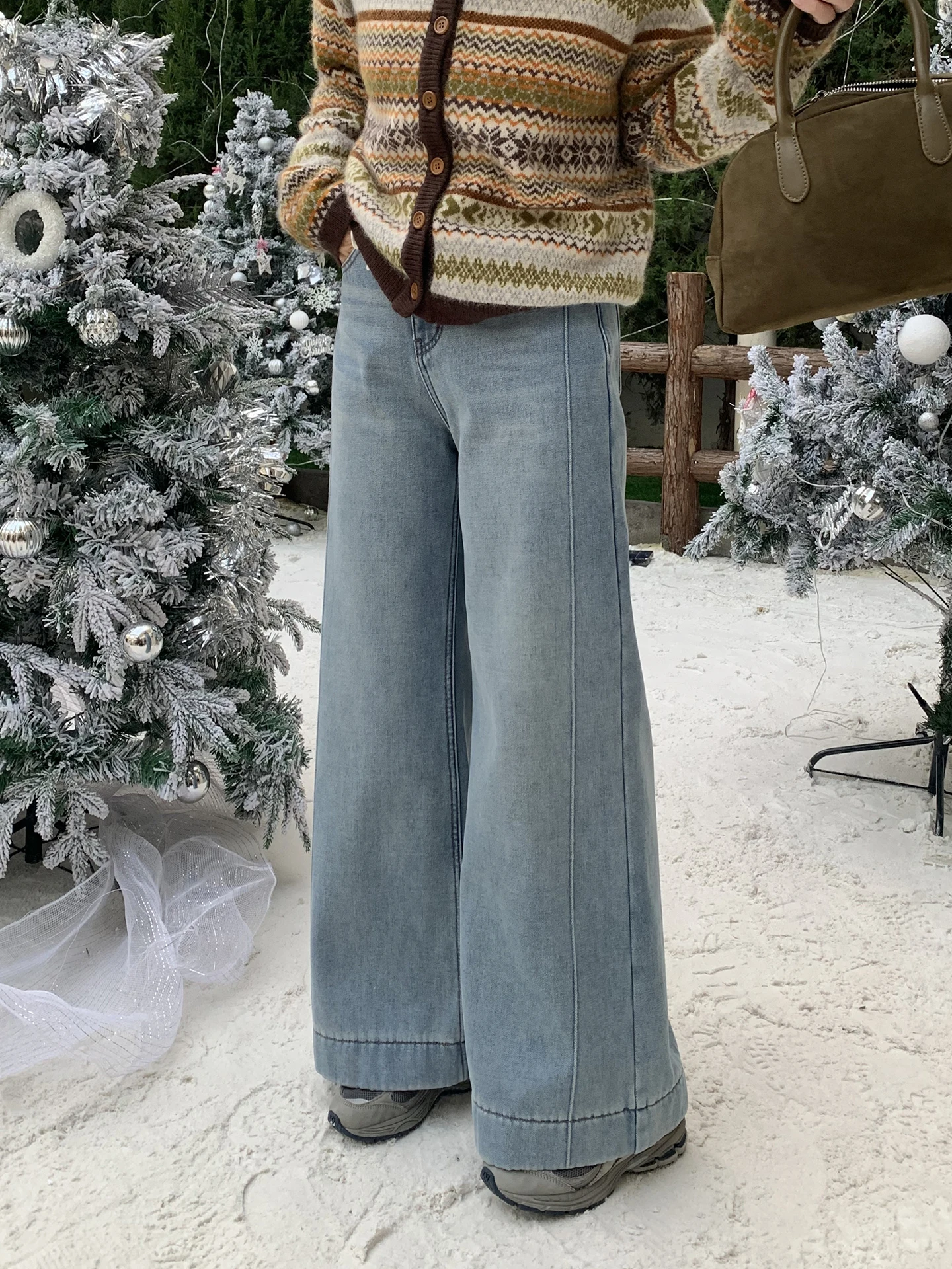 

Женские джинсы ELINSU с начесом, широкие, прямого кроя, свободные, осенне-зимние, стройнящие, длинные, универсальные, классические