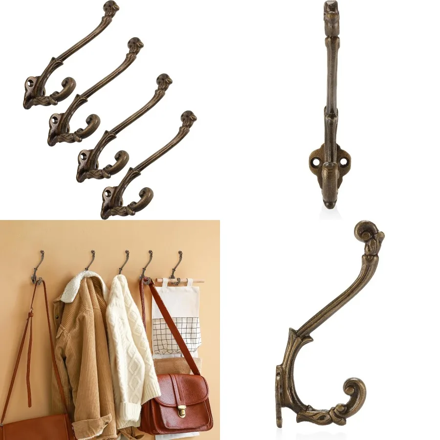 

Винтажные чугунные настенные крючки с антикварной латунной отделкой, набор из 4 крючков для французского деревенского дома, идеально подходящих для пальто, сумок, туалета