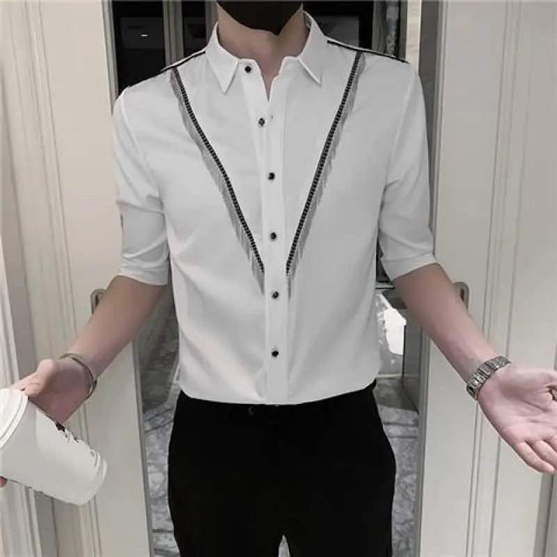 Business Summer New Men's Polo-Neck Button Solid Color Tassel Casual Fashionable Trendy Slim All-match Half Sleeve Shirt Tops