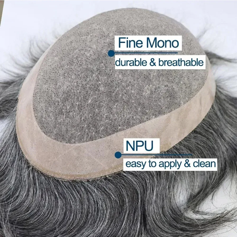 Grey Human Hair Prosthsis Breathable Mono Lace Mens Wig System Toupee for Men Hairpiece Natural Hairline Male Wig Unit