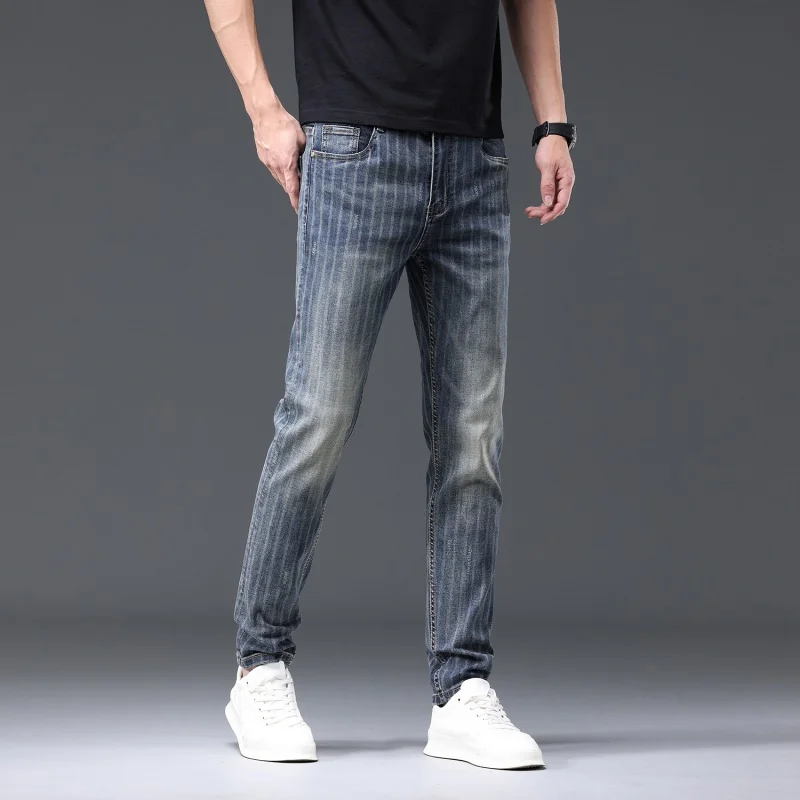 

Vintage Blue Line Printed Jeans Men's Slim Straight Stretch All-Matching Street Fashion Casual Skinny Pants