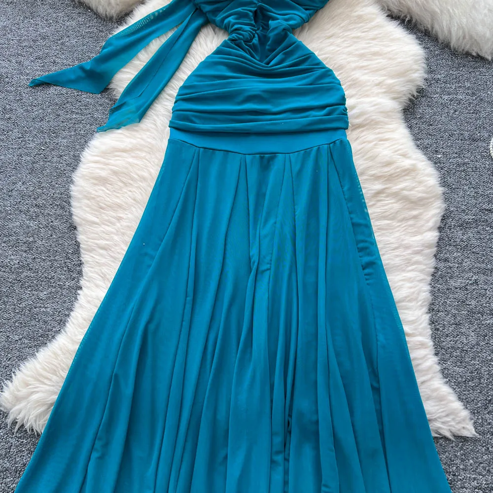 Chic vintage Impiombato scava fuori halter Elegante fata moda coreana Boho Vestito estivo abbigliamento donna Abito lungo