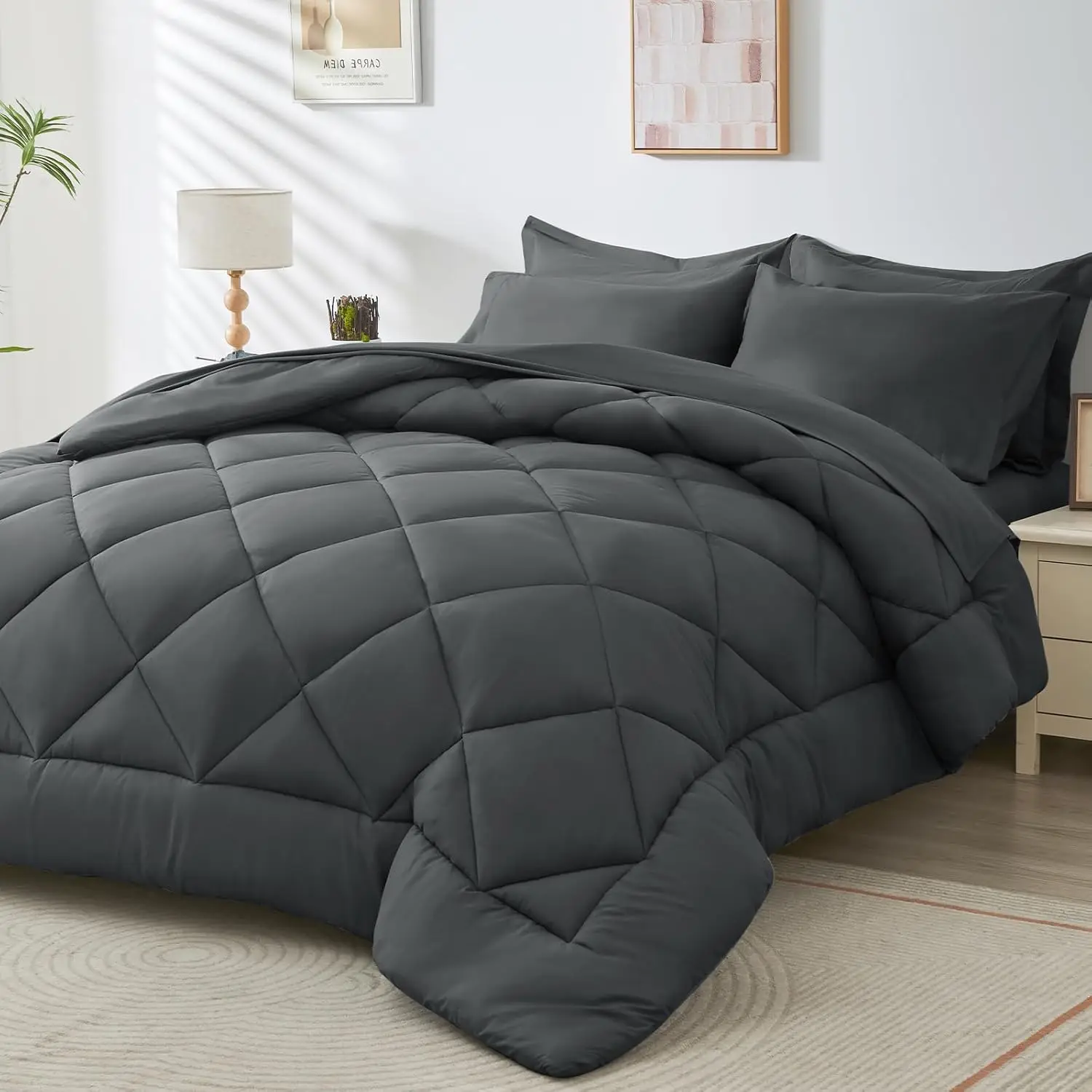 

7 Pieces Queen Comforter Set, All Season Reversible Bed In A Bag Queen, Ultra Soft Queen Bedding Set With Grey Comforter, Flat
