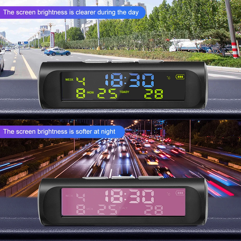 Solar Car Digital Car Clock Wireless Temperature Backlight with LCD Time Date Dashboard Indoor Temp Display