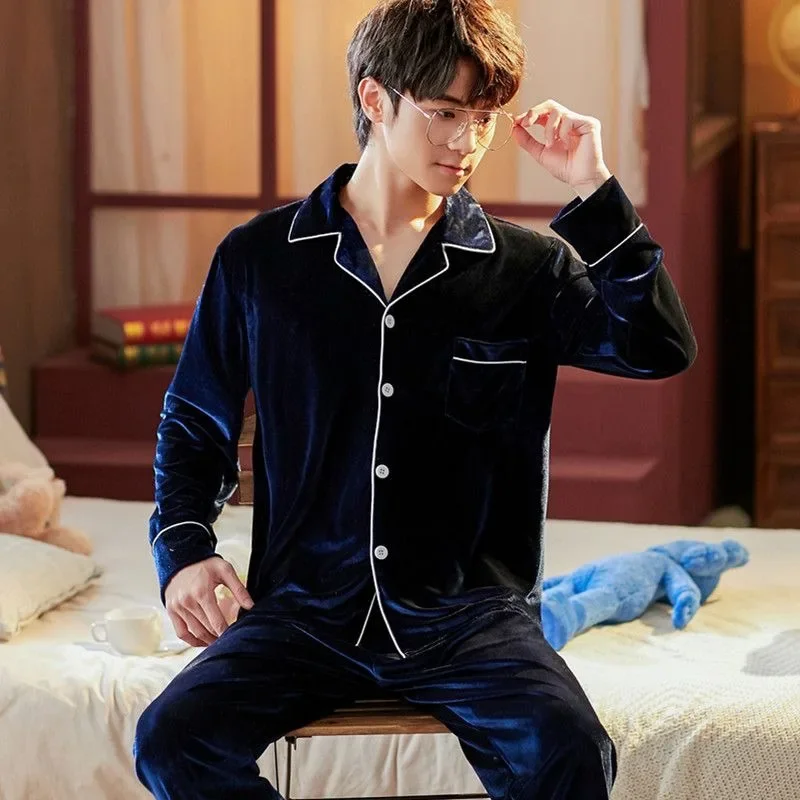 Men's Autumn Winter Gold Velvet Sleepwear Plus Size Warm Comfortable Homewear Cardigan Casual Loungewear Set 2024 New Pajamas