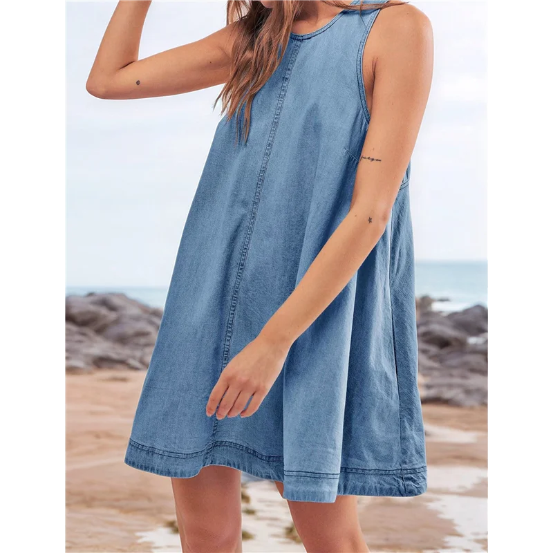 FX-Women's Sleeveless Denim Babydoll Mini Dress Summer Casual Cutout Back A-Line Flowy Jean Dress With Pockets