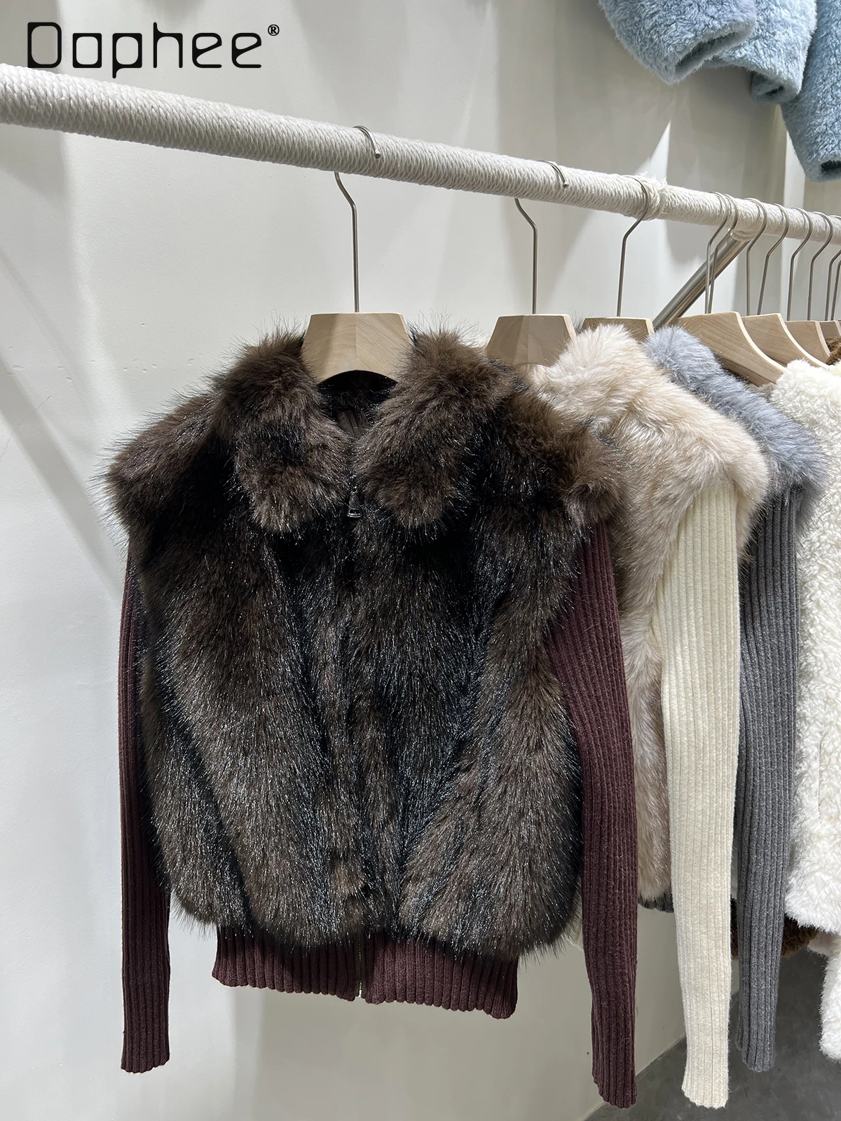 الشتاء الكورية الوقوف طوق وهمية قطعتين تقسم الفراء سترة معطف المرأة ضئيلة أنيقة العصرية الراقية قصيرة صديقة للبيئة معطف الفرو #2