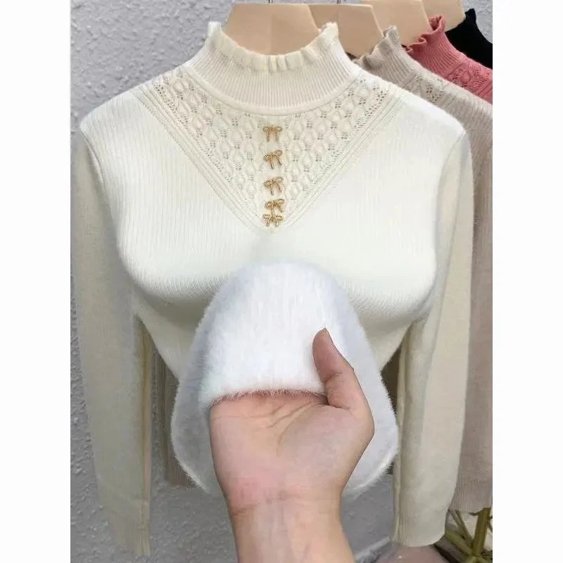 Thickened Knitted Pullover Soft Women's Casual Long Sleeved Knitted Bottom Sweater Warm Half High Collar Knitwear Sueter Top