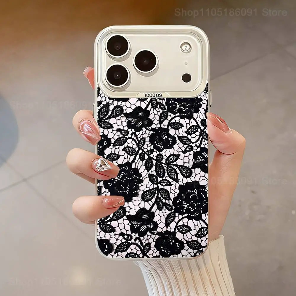 Coque de téléphone imprimée en dentelle noire, pour iPhone 17,16,13,12,X,11,15,14,Pro,Max,Plus,SE4,Air,Mini blanc IMD HD mat