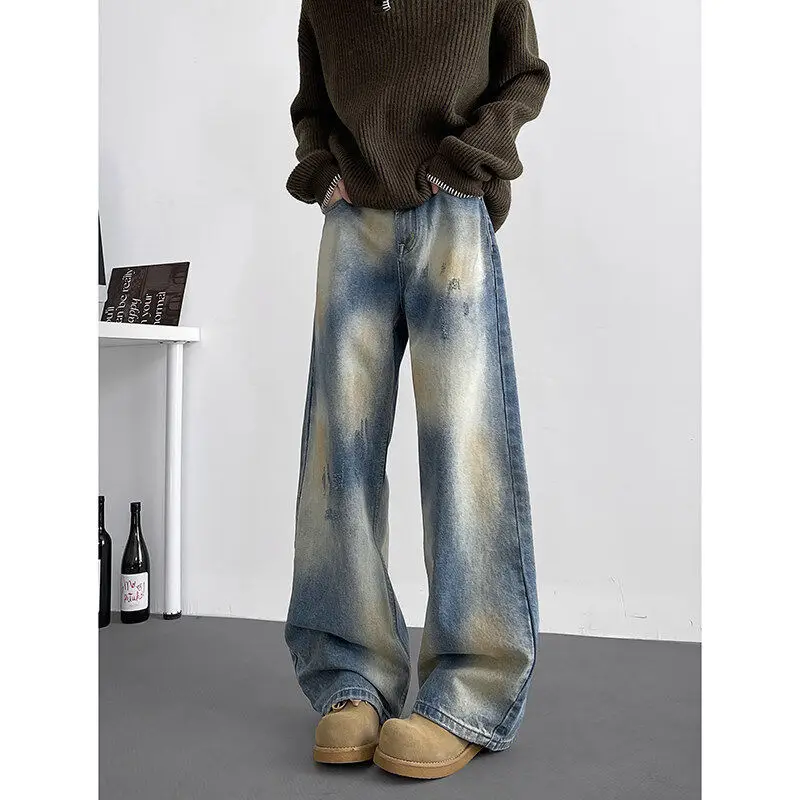 American High Street Vintage Fashion Men's Wide Leg Straight Casual Trendy Loose Daily Simple Basic Denim Trousers Male Jeans
