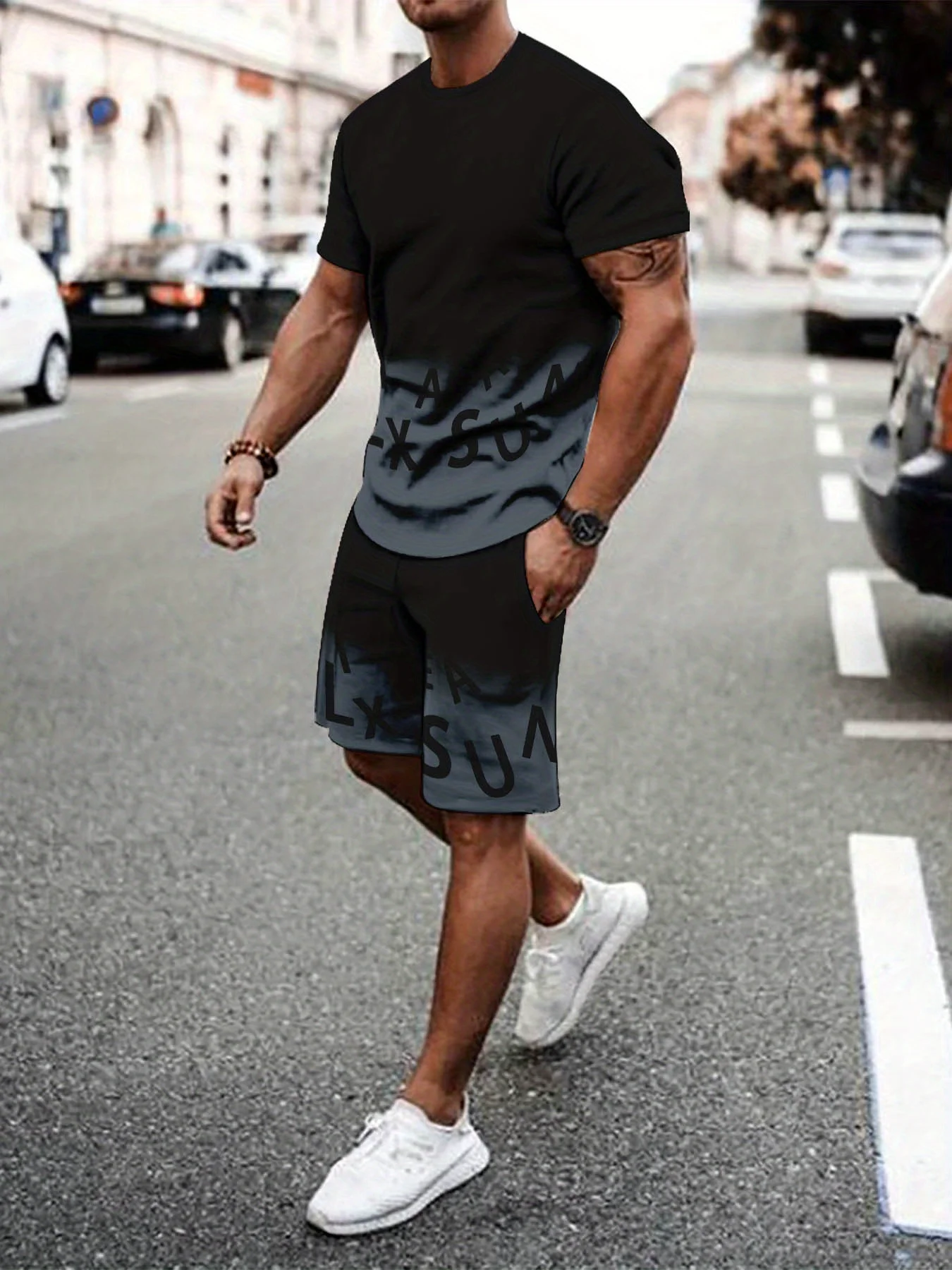 Modisches neues Herren-Sommer-Set mit Buchstaben-Farbverlaufsdruck, bequem, atmungsaktiv, Rundhals-T-Shirt, Shorts, Outdoor-Freizeitkleidung