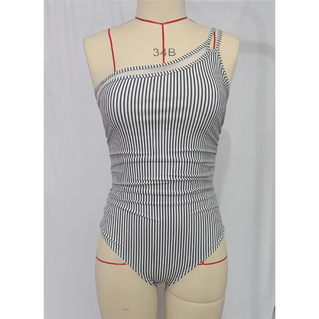 S - XXL Sexy One-Shoulder-Badeanzug mit hohem Beinausschnitt, einteiliger Badeanzug für Damen, gestreifter Monokini-Badeanzug, Badebekleidung, Badeanzug V7096 – Detail 16