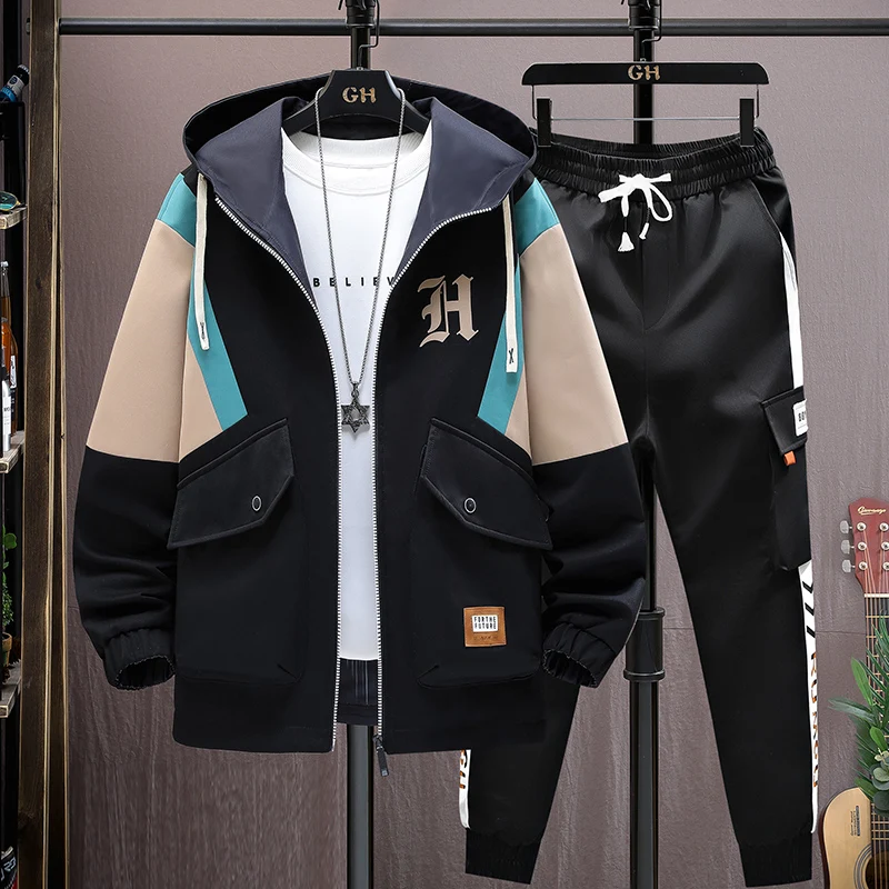 

Spring 2024 Men's Jaet Set Trendy Brand Student Hooded Sports Coat Junior High School Jaet Two-Piece Set Long Sve Poly...