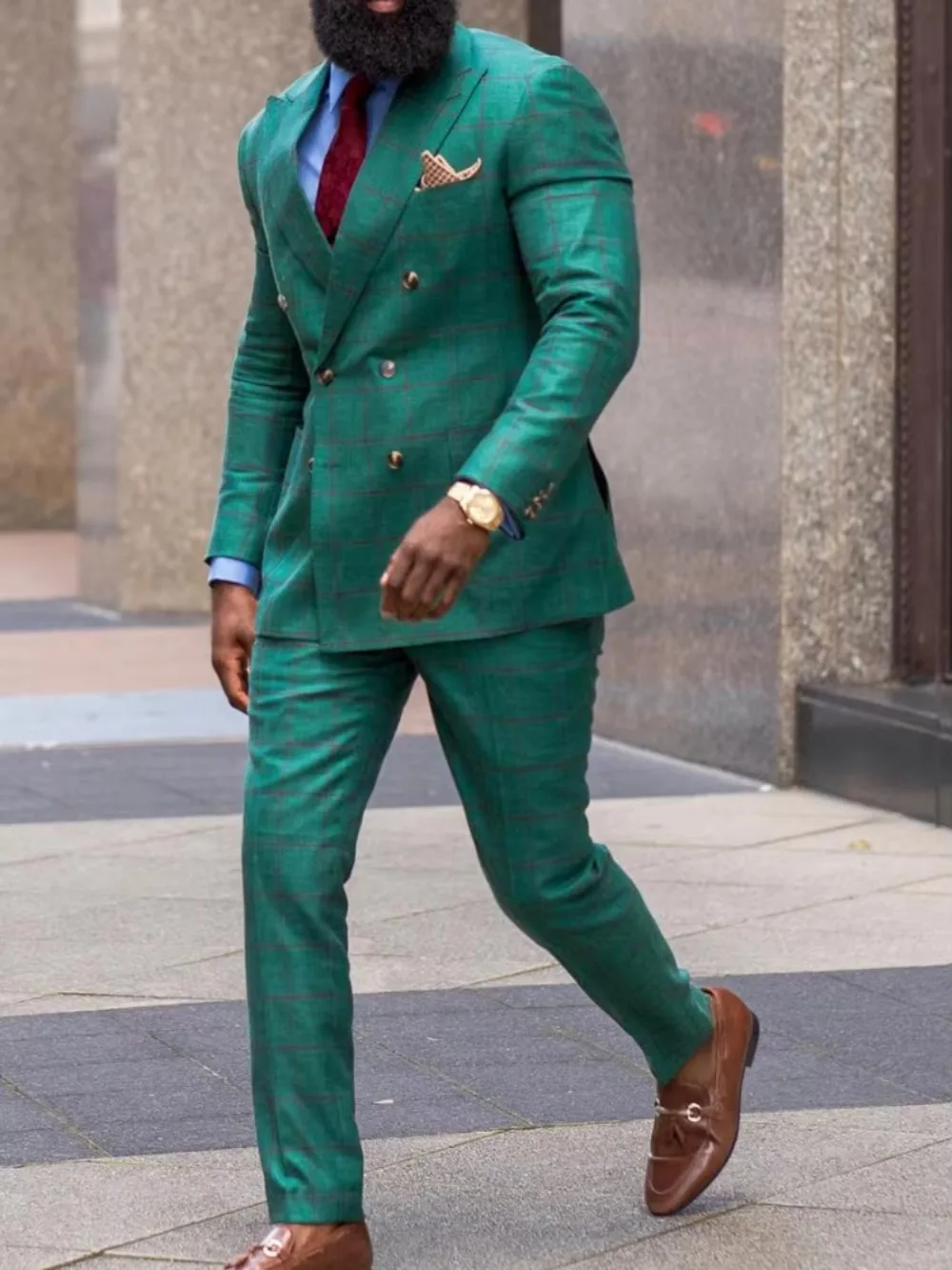 Men's Classic Green Windowpane Plaid Dress Pants Slim Fit Straight Leg Suit Trousers Business Wedding Party Formal Casual Pants