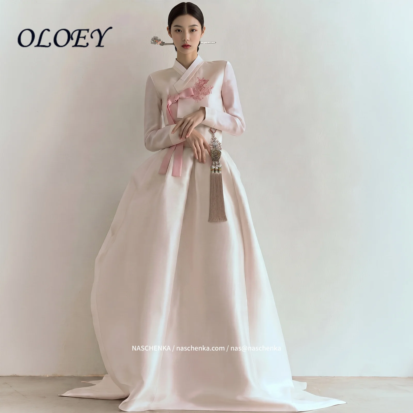 Oloey Customized 2027 Modern Korean Hanbok Wedding Dress Oriental Satin Embroidered Long Sleeve A-Line Party Gown Custom Made