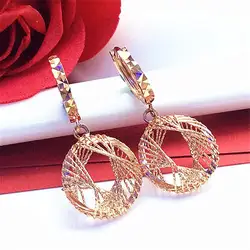 585 Purple Gold Plated 14K Rose Gold Shiny Round Lines Drop Earrings For Women Classic Cutout Fine Design Wedding Jewelry
