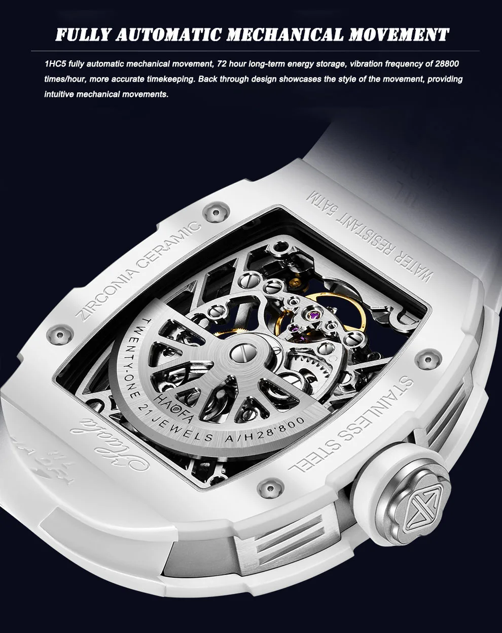 Haofa Automatic Mechanical Watch Men Tourbillon Movement Luminous Skeleton Ceramics Rubber 72 Hours Power Hollow out Trend 1988