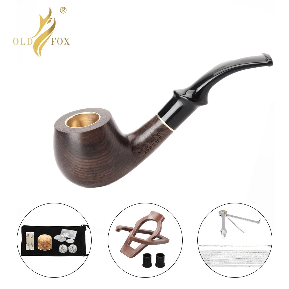 Old Fox Black Sandalwood Tobacco Bent Pipe Set Accessories 9MM Filter Solid Wood Dry Ebony Smoking Pip With 10 Tools Kits