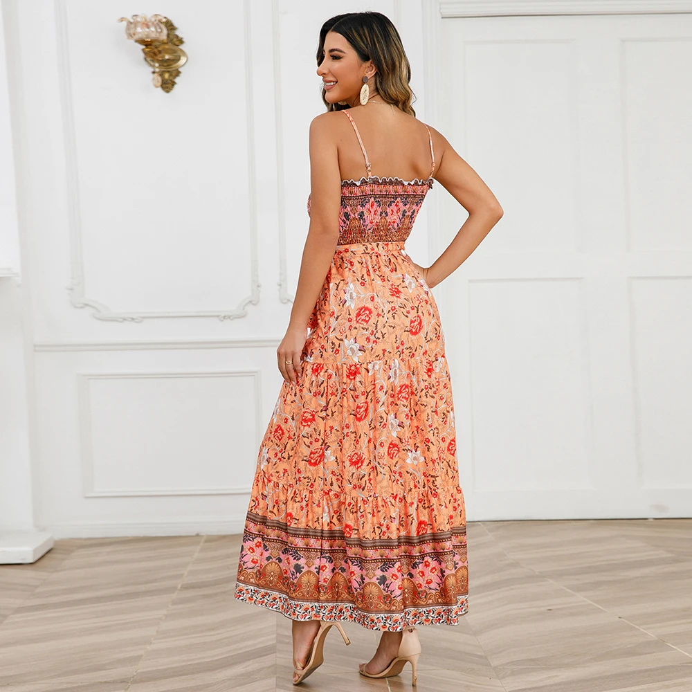 Cozok Frauen lässig Sommer Boho Maxi kleider Krawatte Spaghetti träger Vierkant ausschnitt Blumen Sommerkleid elastisches langes Kleid