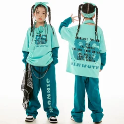 New Hip Hop Dance Clothes Girls Boys Long Sleeves Blue Tops Pants Jogger Wear Kids Jazz Street Dance Performance Costume BL11550