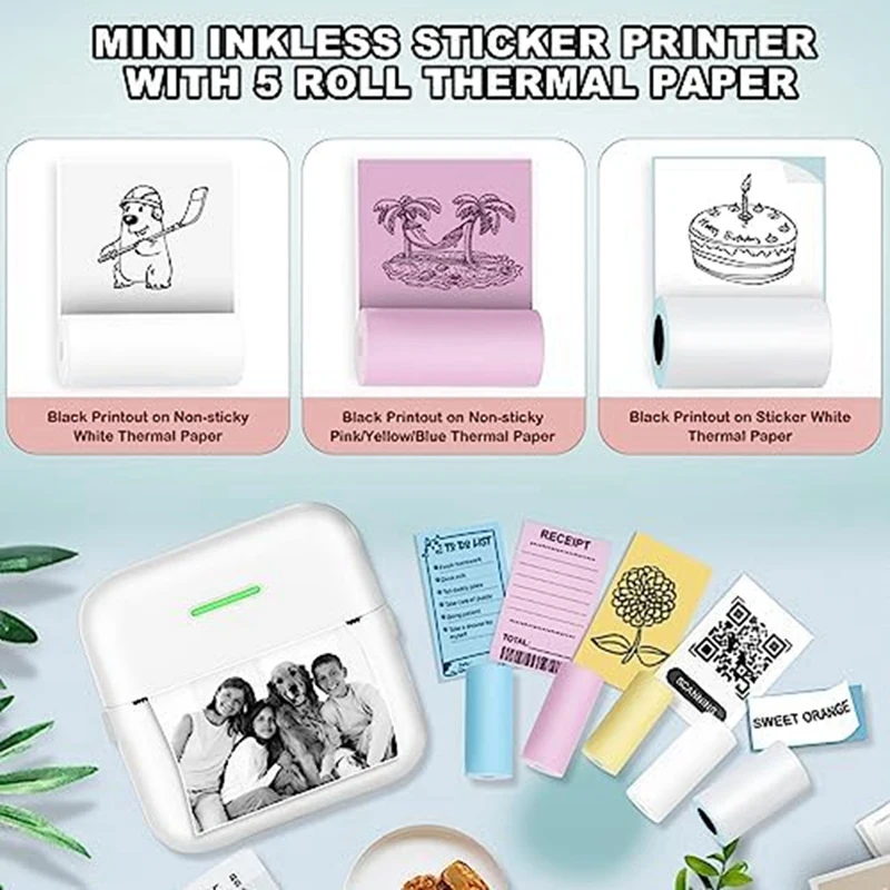 Impressora de Adesivos Inkless para Crianças e Amigos, Impressora Térmica, Impressora de Bolso Branco, Diário Fotográfico, 5 Rolos de Papel de Impressão