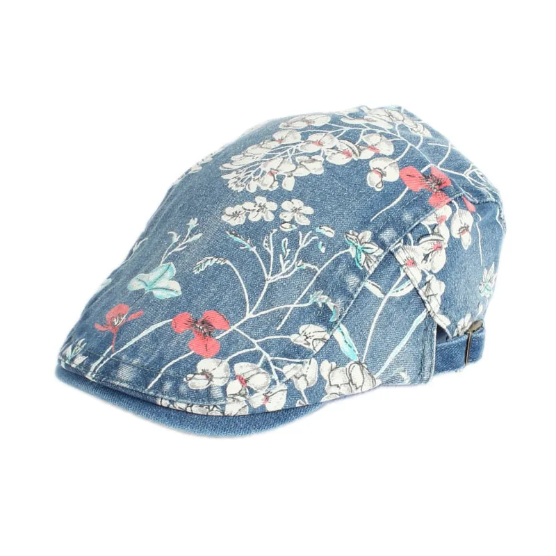 

Wholesale Classic Fashion Printed Flowers Unisex 100% Cotton Denim Blue Newsboy Painter Beret Hat Custom Ivy Caps