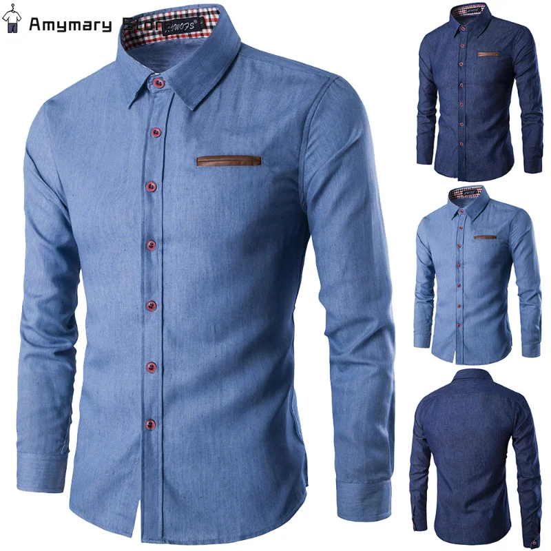 Hot Sale Mens Long Sleeve Denim Shirts Turndown Collar Button T Shirts Fashion Spring Autumn Casual Slim Formal Tops Clothing