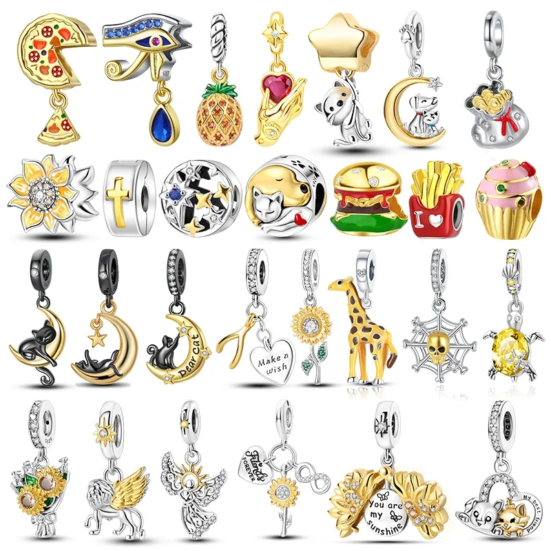 Goldene Charms passen zu Original-Armbändern aus 925er-Sterlingsilber, Glühwürmchen-Sonnenblumen-Kreuz, Gelbgold, Palm-Perlen, DIY-Frauenschmuck
