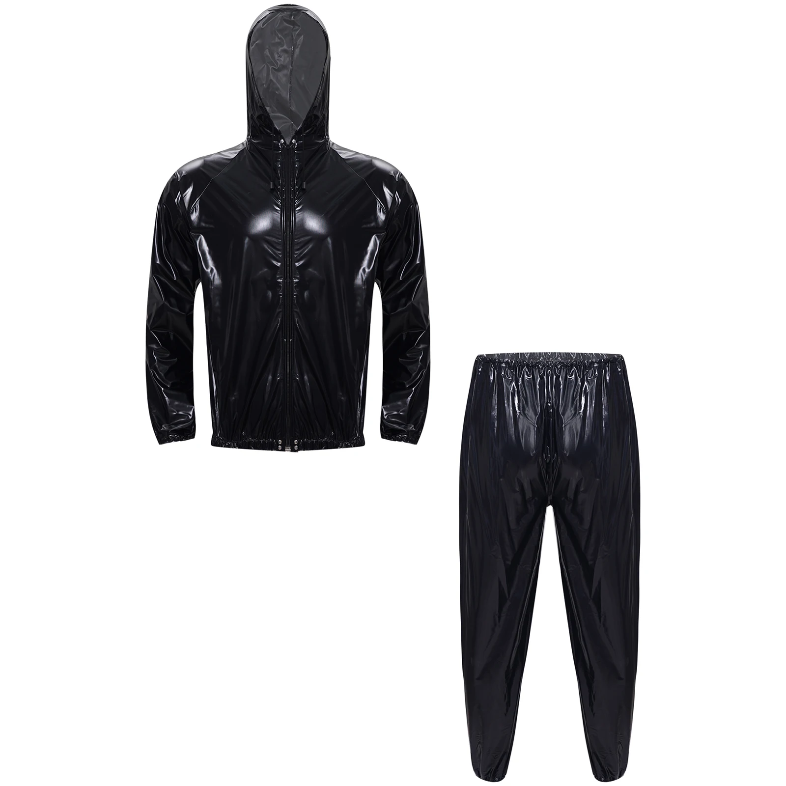 Unisex Womens Mens PVC Sauna Suit Sports Exercise Workout Outfit Long Sleeve Zipper Drawstring Hooded Jacket Tops with Pants