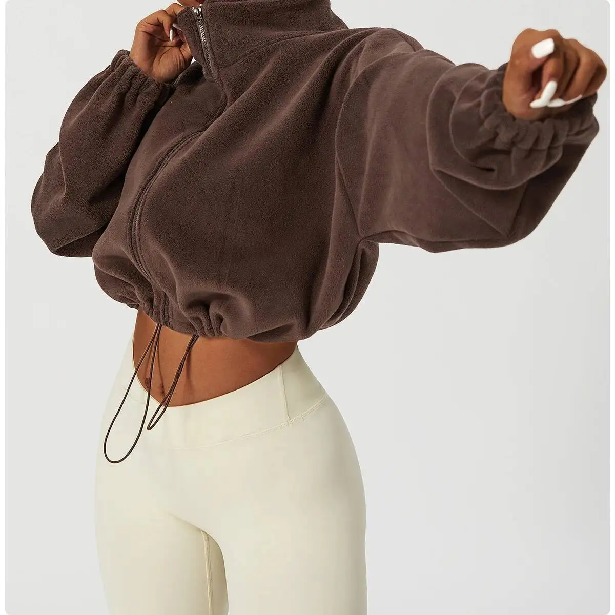 Women Crop Coat Casual Fleece Jacket  Autumn Winter Sports Sweatshirt With Stand Collar Loose Lined Outerwear