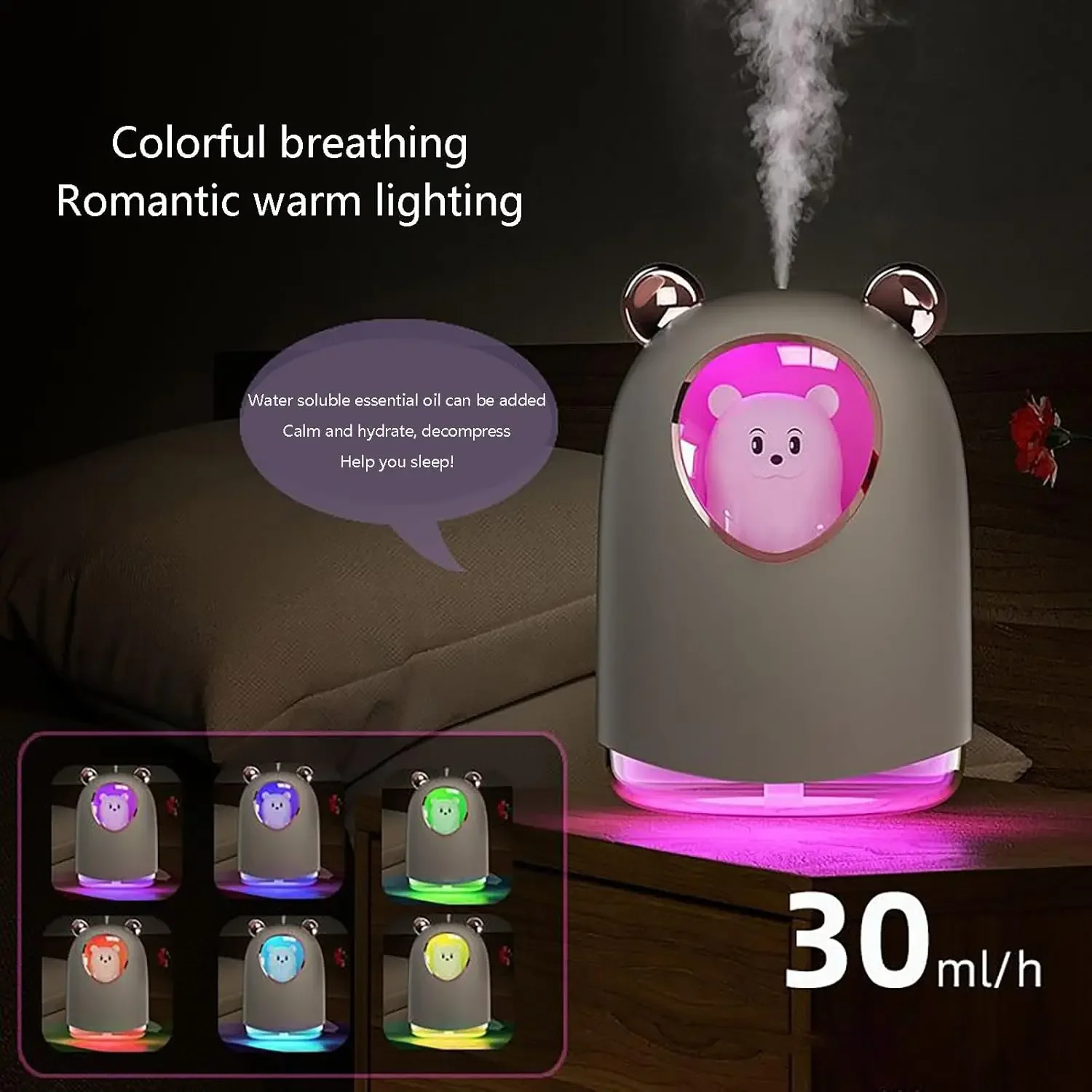USB Humidifier Adjustable Mist Mode 300ml Water Tank Lasts Up to 10 Hours 7 Color LED Lights Changing Waterless Auto Shut-off