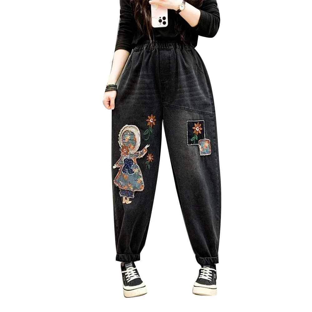 Aricaca New High Quality Women M-XL Retro Patch Embroidered Printed Loose Jeans