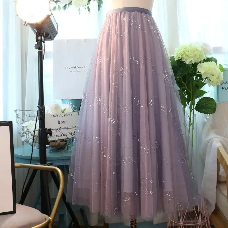 ใหม่แฟชั่นเลื่อมกระโปรงผู้หญิงฤดูร้อนเอวยางยืดGradientจีบกระโปรงElegantสายTulleกระโปรงยาวVINTAGE Jupe