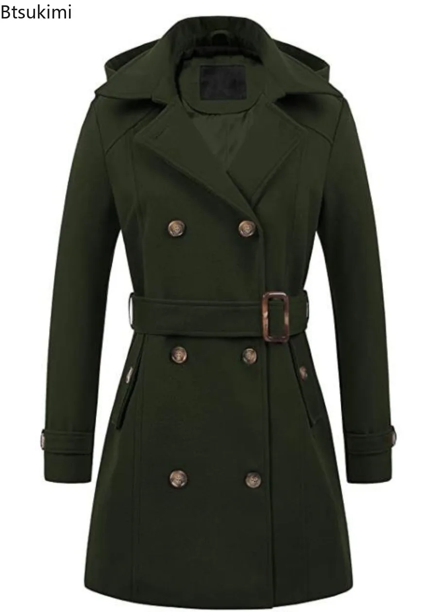 Woman Hooded Jackets Mid-length Double-breasted Ladies Overcoats Woolen Lapel Turndown CollarTop Winter Warm Jacket Streetwear