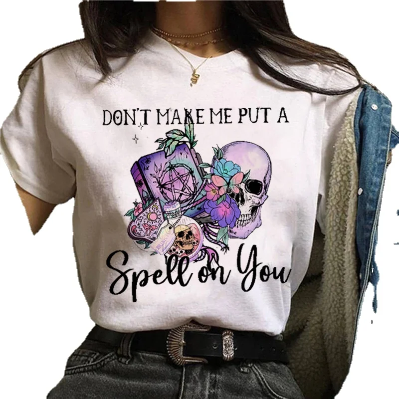 Camiseta feminina dos desenhos animados bruxa magia kawaii tshirt halloween crânio harajuku estética pro escolha oversized t camisa