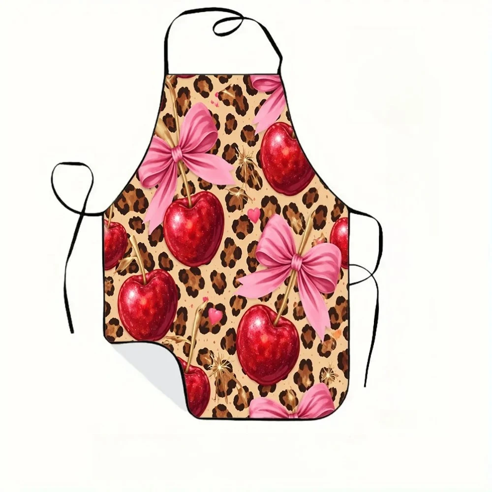 Red Cherry Pink Bow Leopard Print Apron Durable Easy To Clean Adjustable Waistband Polyester Material For Kitchen Cooking