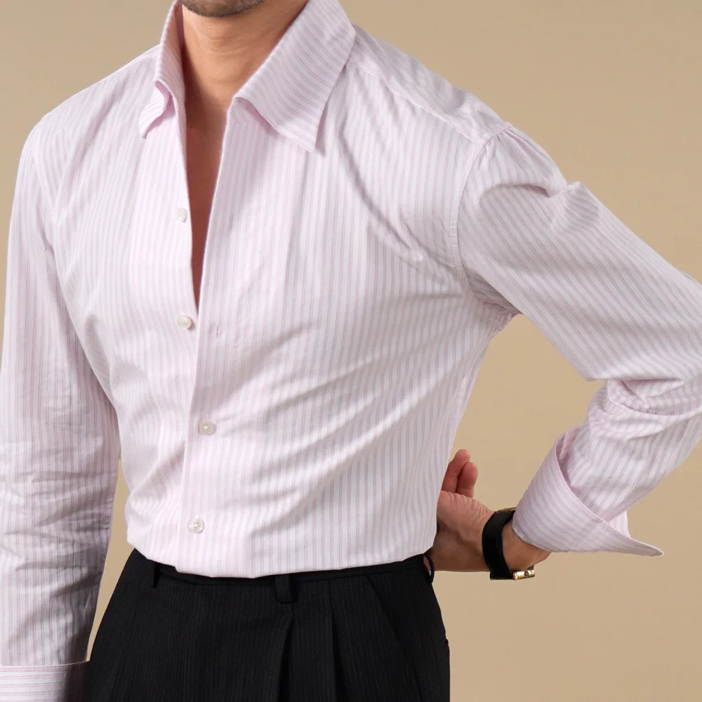 High Quality Pure Cotton Italian-style Striped Shirt Single Collar Long-sleeved Skin-friendly Breathable Casual Social Shirt