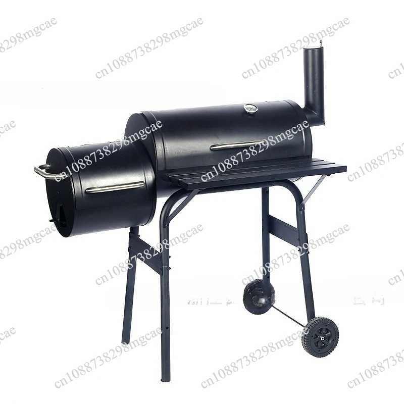 Offset Charcoal Smoker Grill Double Barrel Dual Chamber Outdoor BBQ Grill with Side Table Wheels